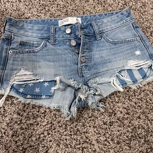 Abercrombie & Fitch Light Blue Distressed Denim Shorts with Flag Patch